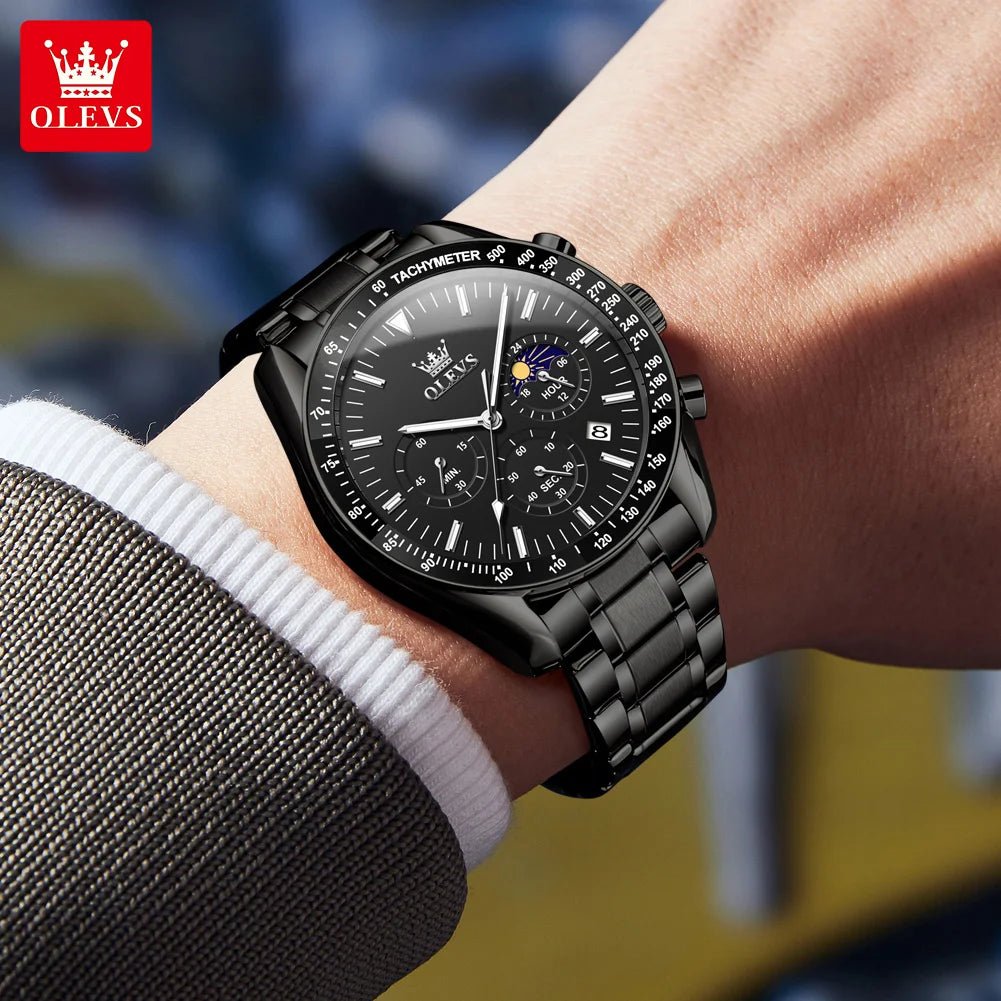 OLEVS 3618 Waterproof Luminous Date Moon Chronograph Wristwatches Mens Luxury Stainless Steel Quartz Watch for Men Reloj Hombre - Tara's Tiny Treasures