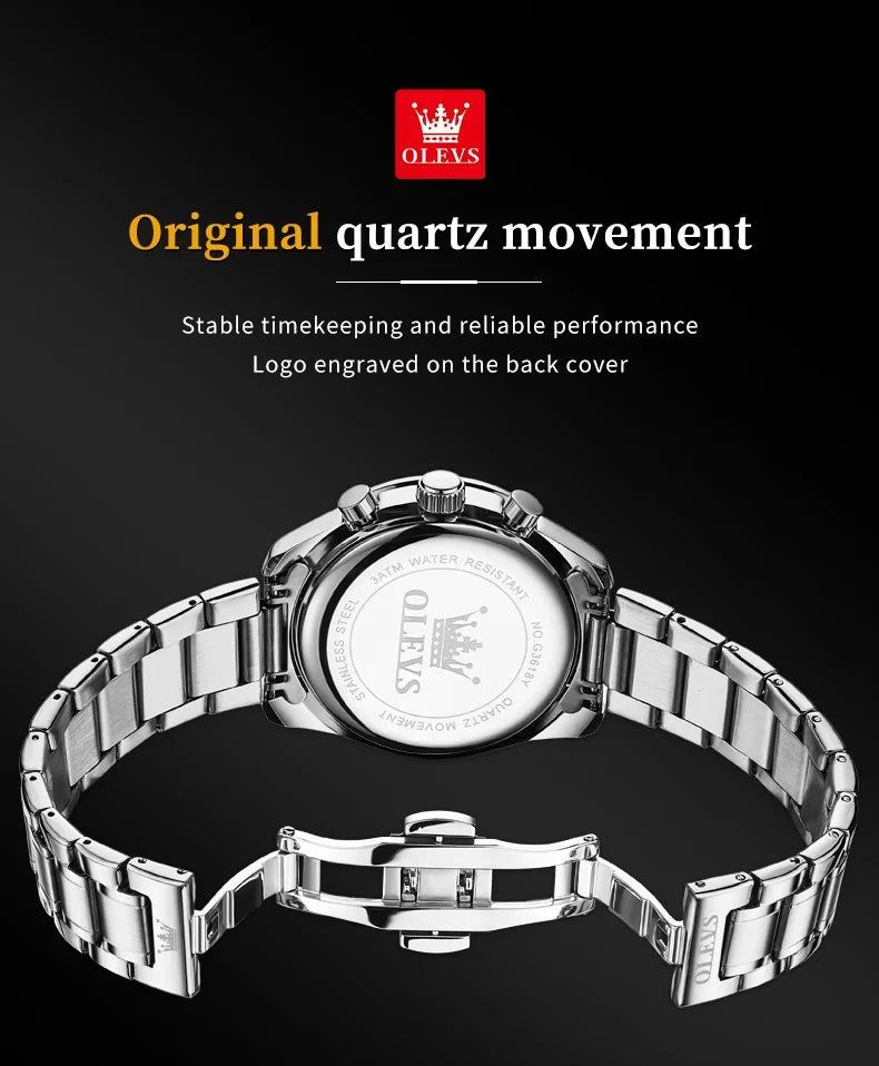 OLEVS 3618 Waterproof Luminous Date Moon Chronograph Wristwatches Mens Luxury Stainless Steel Quartz Watch for Men Reloj Hombre - Tara's Tiny Treasures