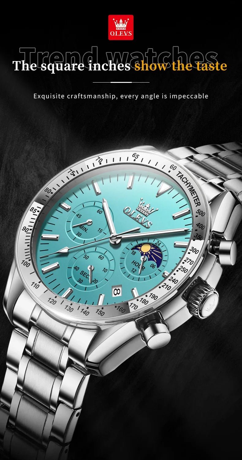 OLEVS 3618 Waterproof Luminous Date Moon Chronograph Wristwatches Mens Luxury Stainless Steel Quartz Watch for Men Reloj Hombre - Tara's Tiny Treasures