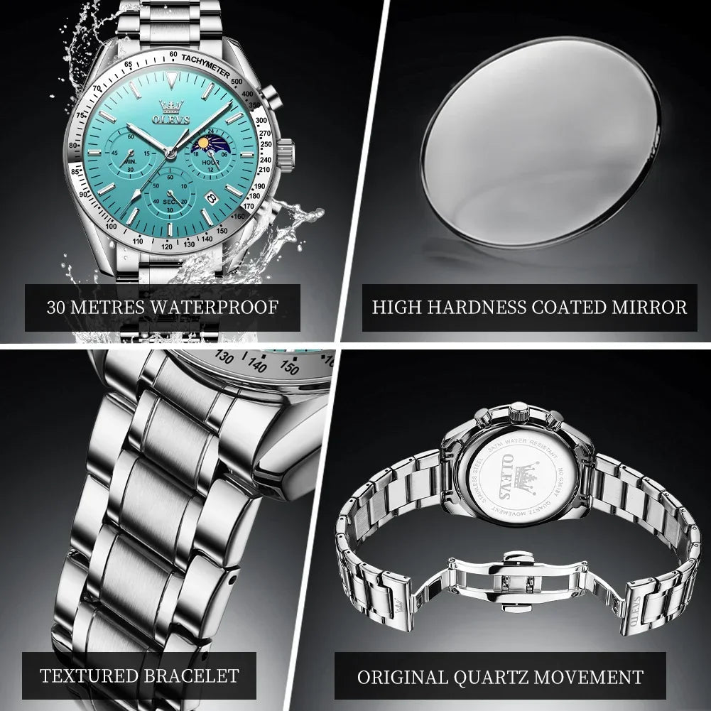 OLEVS 3618 Waterproof Luminous Date Moon Chronograph Wristwatches Mens Luxury Stainless Steel Quartz Watch for Men Reloj Hombre - Tara's Tiny Treasures