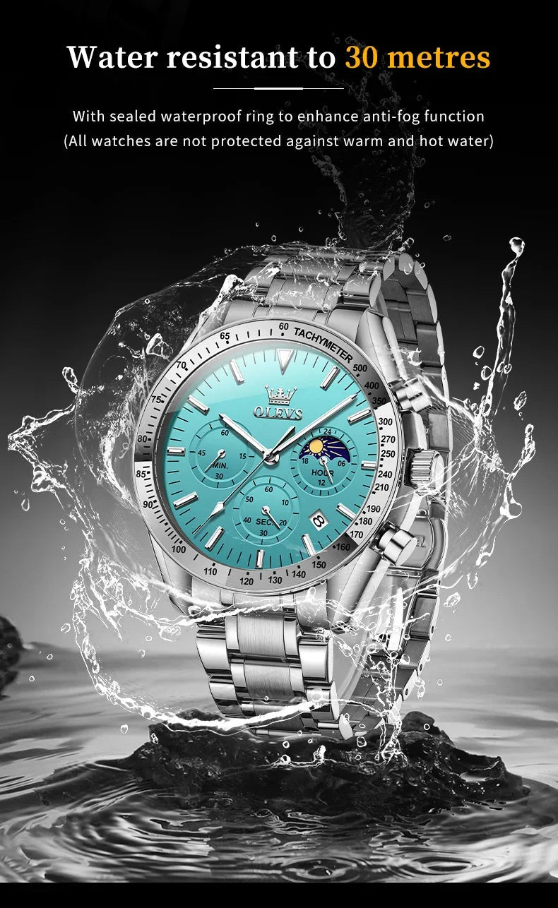 OLEVS 3618 Waterproof Luminous Date Moon Chronograph Wristwatches Mens Luxury Stainless Steel Quartz Watch for Men Reloj Hombre - Tara's Tiny Treasures
