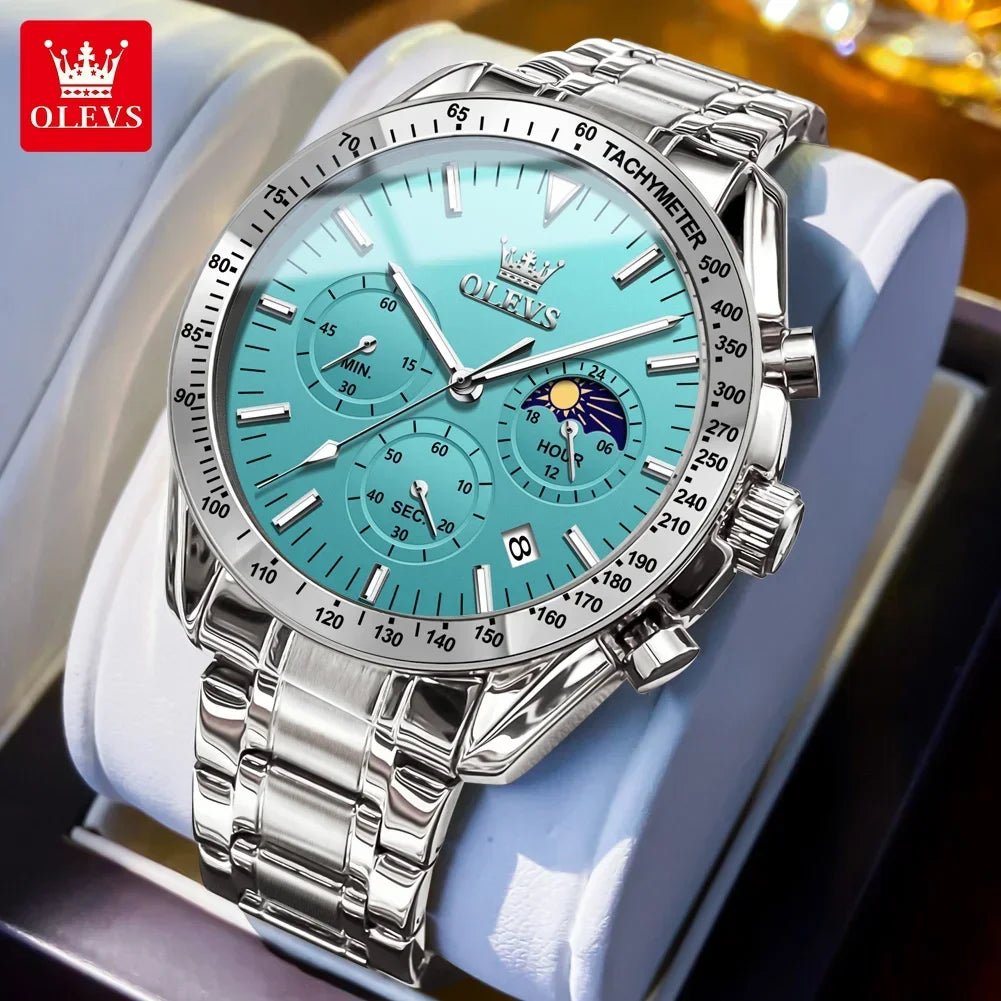 OLEVS 3618 Waterproof Luminous Date Moon Chronograph Wristwatches Mens Luxury Stainless Steel Quartz Watch for Men Reloj Hombre - Tara's Tiny Treasures