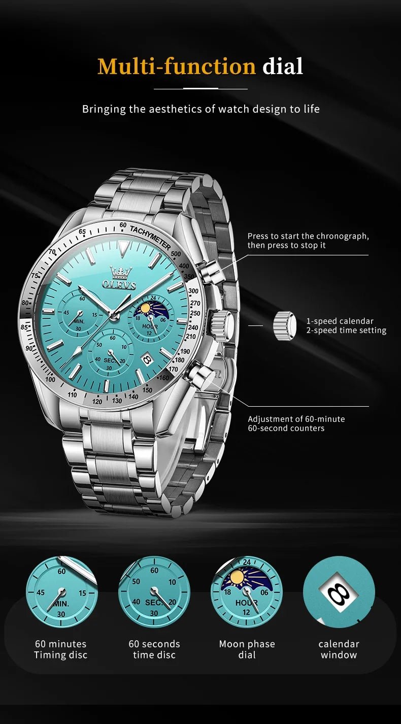 OLEVS 3618 Waterproof Luminous Date Moon Chronograph Wristwatches Mens Luxury Stainless Steel Quartz Watch for Men Reloj Hombre - Tara's Tiny Treasures