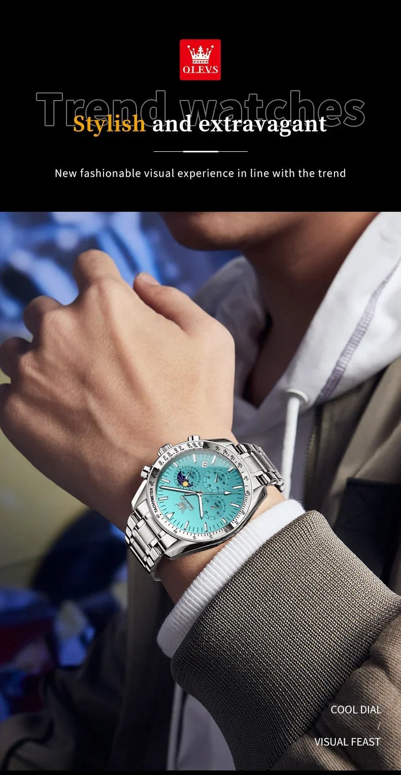 OLEVS 3618 Waterproof Luminous Date Moon Chronograph Wristwatches Mens Luxury Stainless Steel Quartz Watch for Men Reloj Hombre - Tara's Tiny Treasures
