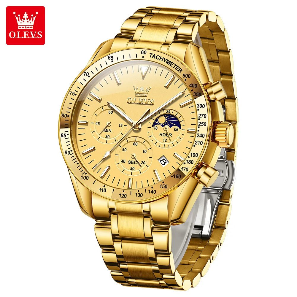 OLEVS 3618 Waterproof Luminous Date Moon Chronograph Wristwatches Mens Luxury Stainless Steel Quartz Watch for Men Reloj Hombre - Tara's Tiny Treasures