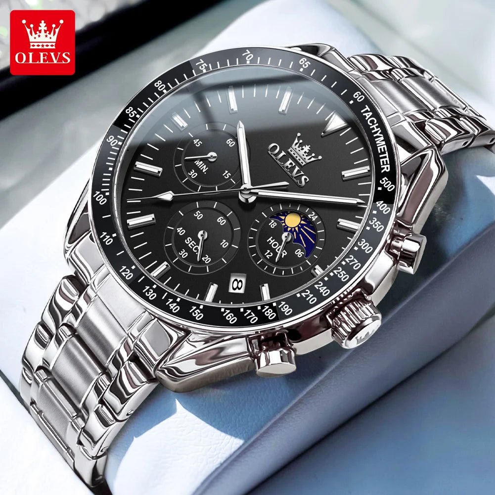 OLEVS 3618 Waterproof Luminous Date Moon Chronograph Wristwatches Mens Luxury Stainless Steel Quartz Watch for Men Reloj Hombre - Tara's Tiny Treasures