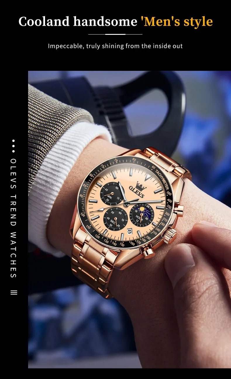 OLEVS 3618 Waterproof Luminous Date Moon Chronograph Wristwatches Mens Luxury Stainless Steel Quartz Watch for Men Reloj Hombre - Tara's Tiny Treasures