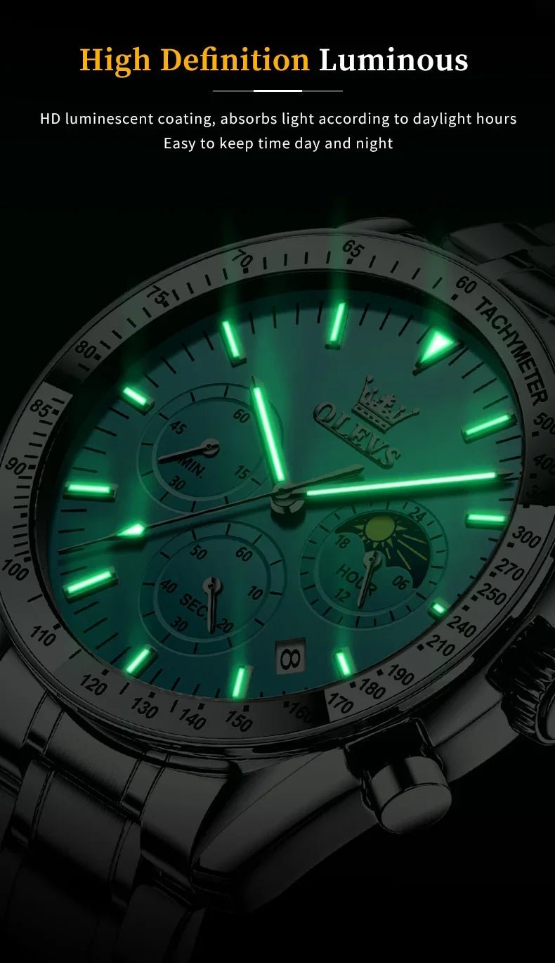 OLEVS 3618 Waterproof Luminous Date Moon Chronograph Wristwatches Mens Luxury Stainless Steel Quartz Watch for Men Reloj Hombre - Tara's Tiny Treasures