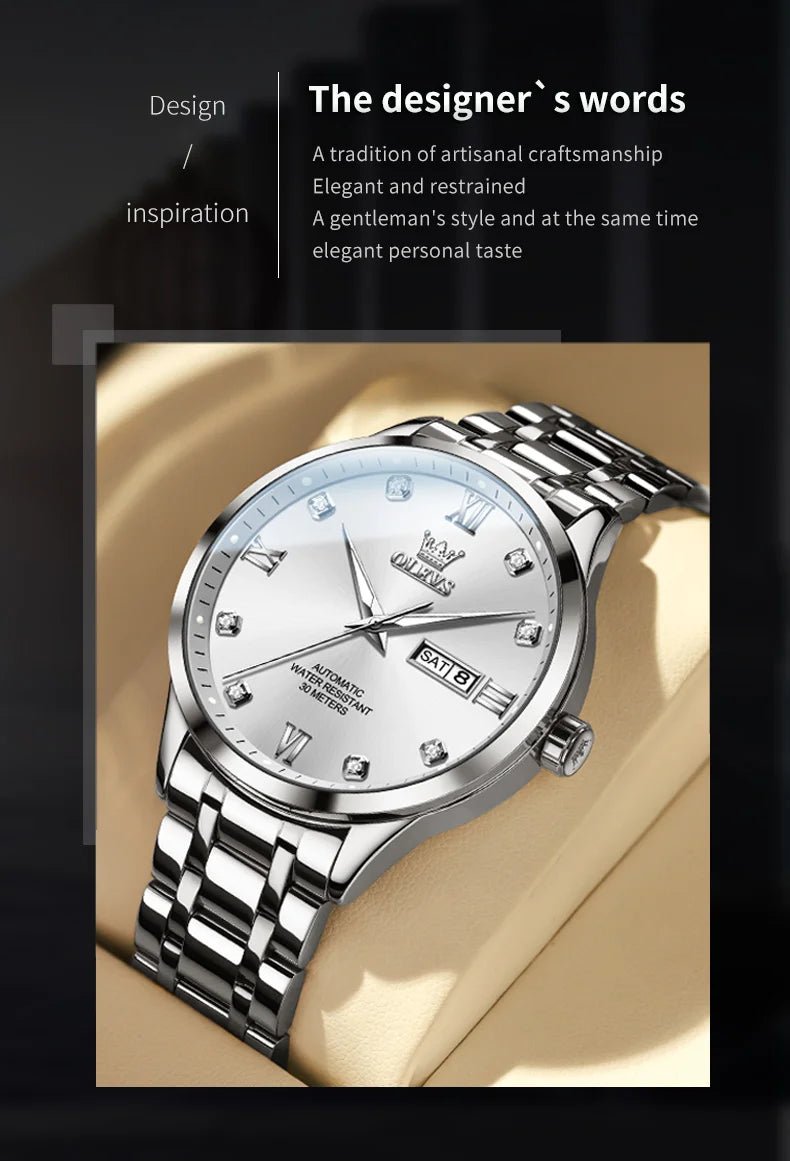OLEVS9946 Mens Watch Original Automatic Mechanical Watch For Man Waterproof Luminous Stainless Steel Reloj Dual Calendar Display - Tara's Tiny Treasures