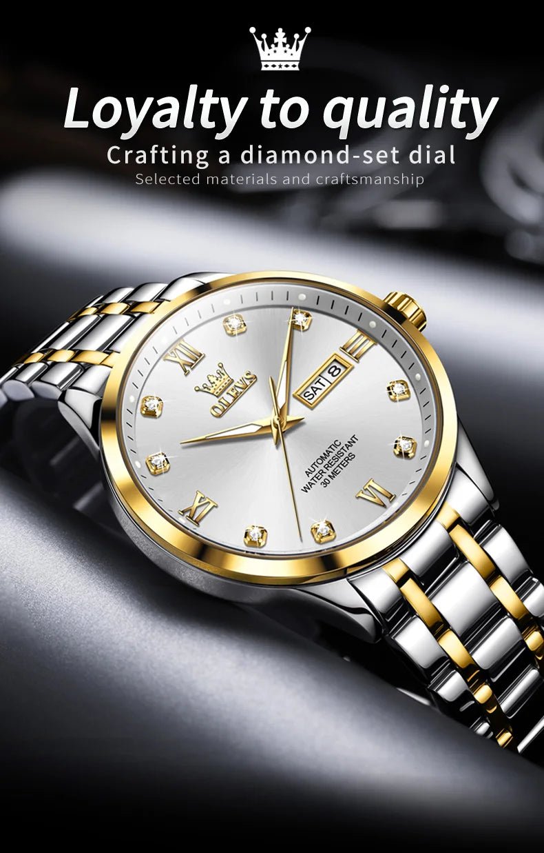 OLEVS9946 Mens Watch Original Automatic Mechanical Watch For Man Waterproof Luminous Stainless Steel Reloj Dual Calendar Display - Tara's Tiny Treasures