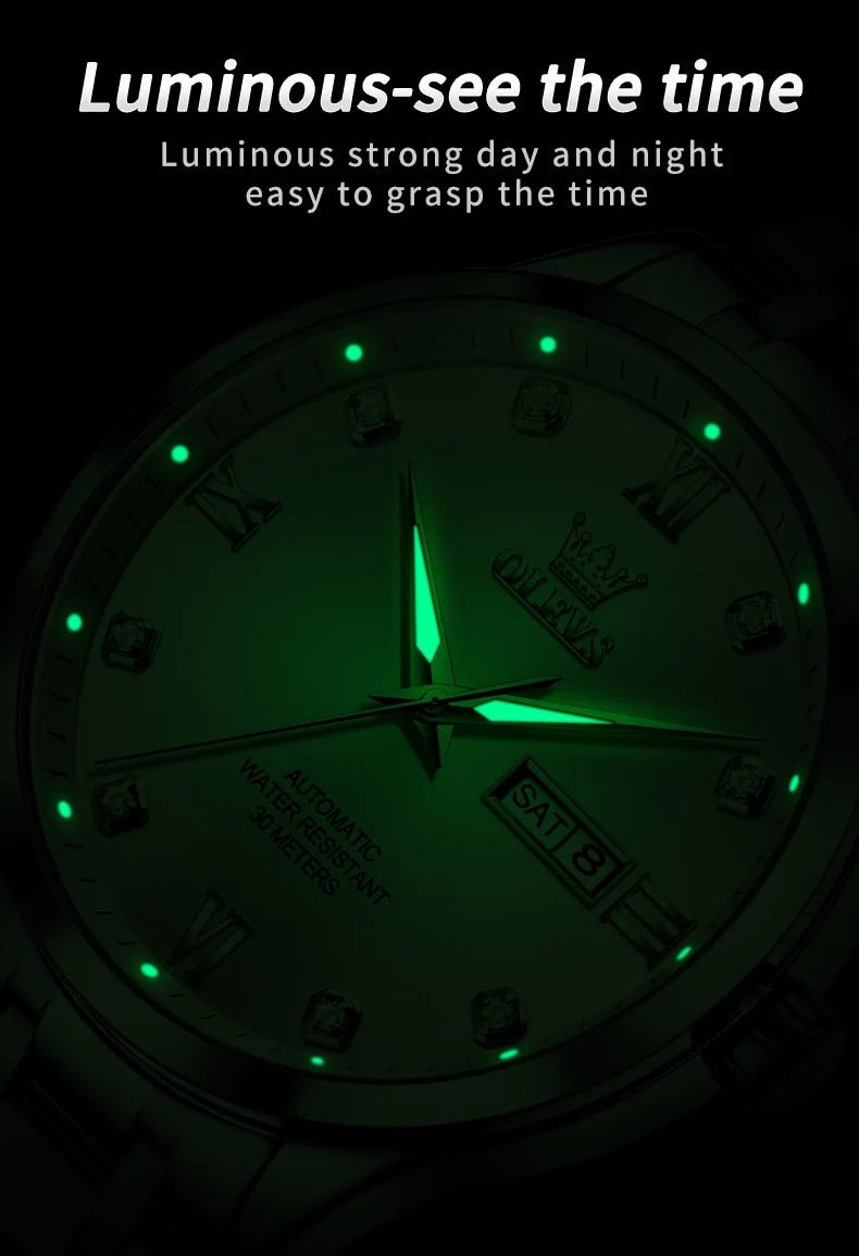 OLEVS9946 Mens Watch Original Automatic Mechanical Watch For Man Waterproof Luminous Stainless Steel Reloj Dual Calendar Display - Tara's Tiny Treasures