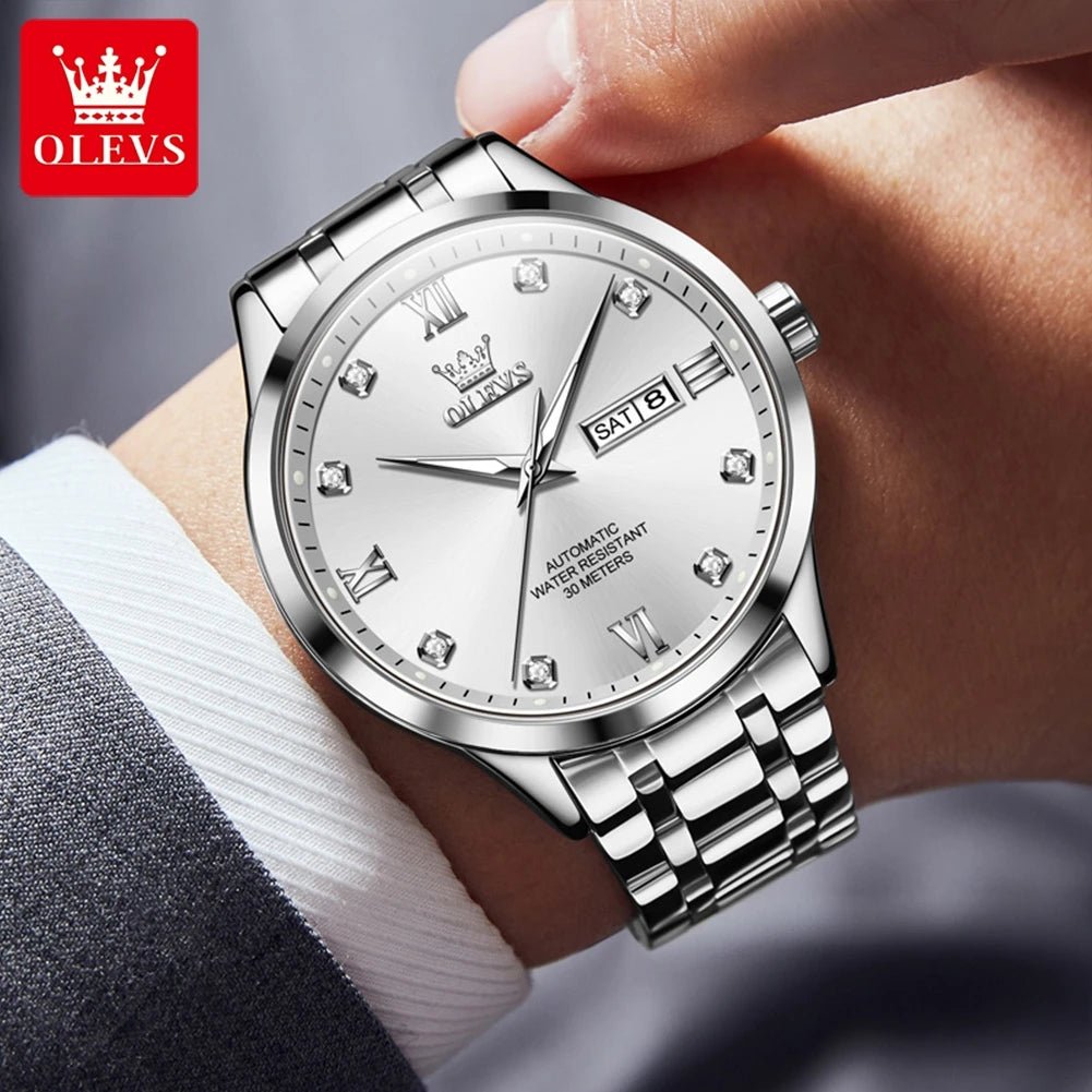OLEVS9946 Mens Watch Original Automatic Mechanical Watch For Man Waterproof Luminous Stainless Steel Reloj Dual Calendar Display - Tara's Tiny Treasures
