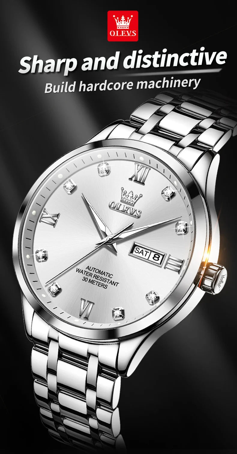 OLEVS9946 Mens Watch Original Automatic Mechanical Watch For Man Waterproof Luminous Stainless Steel Reloj Dual Calendar Display - Tara's Tiny Treasures