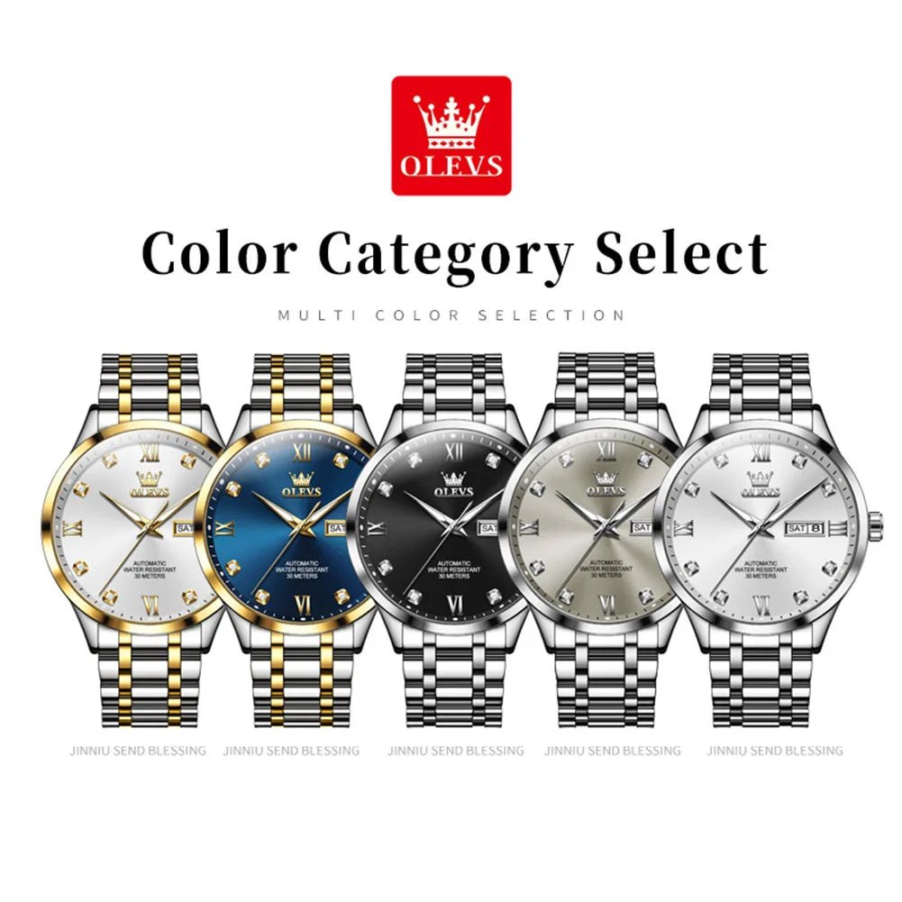 OLEVS9946 Mens Watch Original Automatic Mechanical Watch For Man Waterproof Luminous Stainless Steel Reloj Dual Calendar Display - Tara's Tiny Treasures