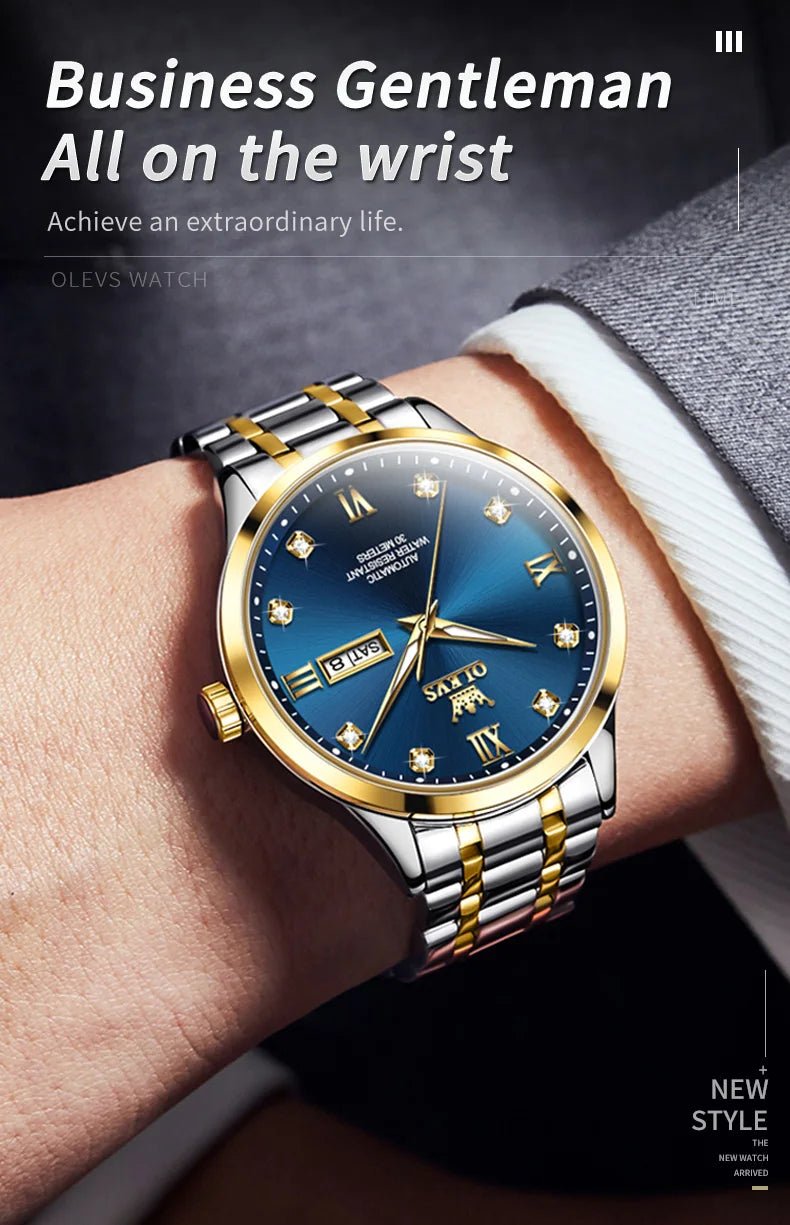 OLEVS9946 Mens Watch Original Automatic Mechanical Watch For Man Waterproof Luminous Stainless Steel Reloj Dual Calendar Display - Tara's Tiny Treasures