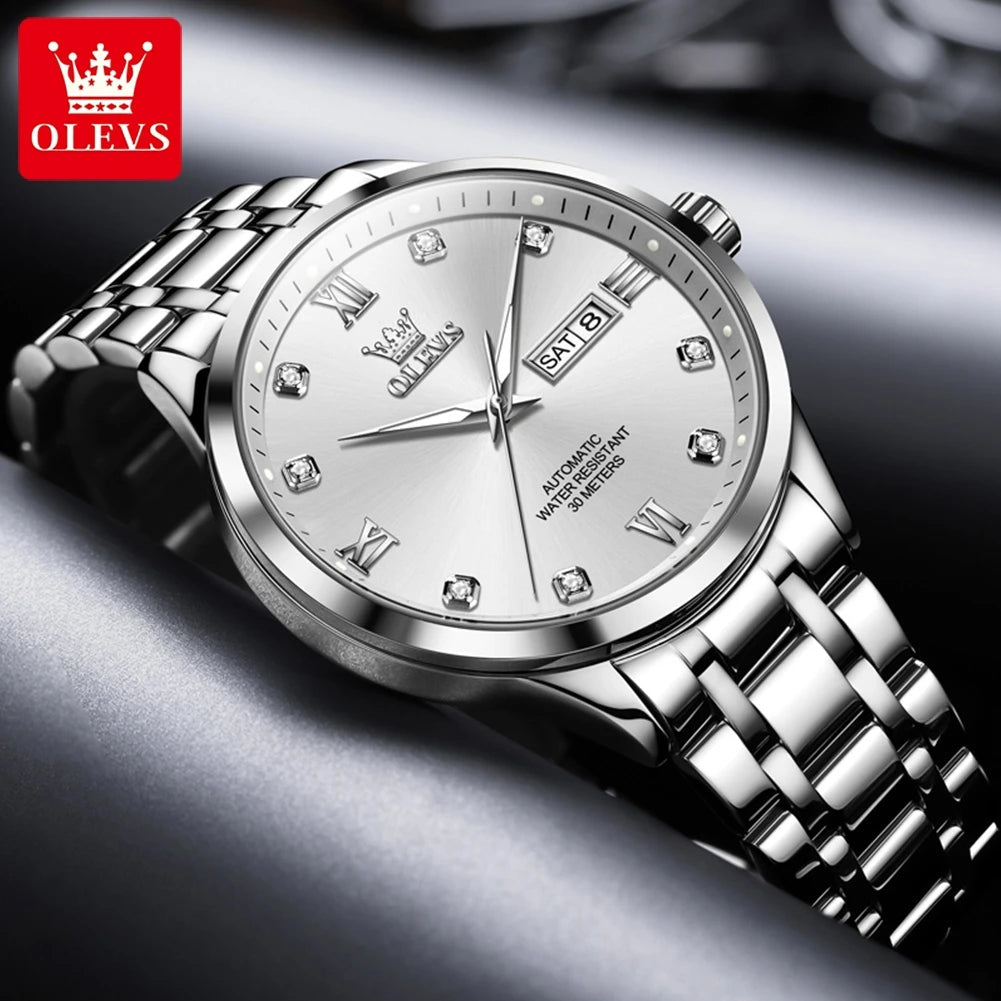 OLEVS9946 Mens Watch Original Automatic Mechanical Watch For Man Waterproof Luminous Stainless Steel Reloj Dual Calendar Display - Tara's Tiny Treasures