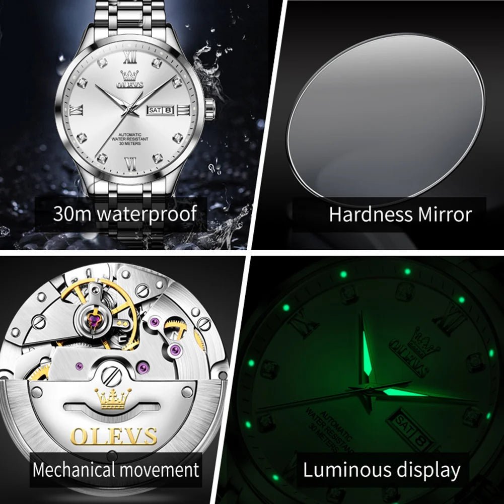 OLEVS9946 Mens Watch Original Automatic Mechanical Watch For Man Waterproof Luminous Stainless Steel Reloj Dual Calendar Display - Tara's Tiny Treasures