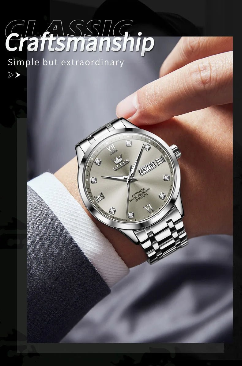 OLEVS9946 Mens Watch Original Automatic Mechanical Watch For Man Waterproof Luminous Stainless Steel Reloj Dual Calendar Display - Tara's Tiny Treasures