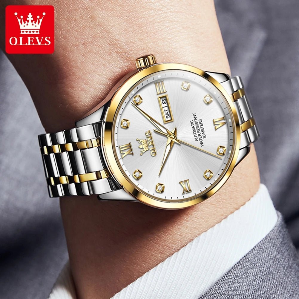 OLEVS9946 Mens Watch Original Automatic Mechanical Watch For Man Waterproof Luminous Stainless Steel Reloj Dual Calendar Display - Tara's Tiny Treasures