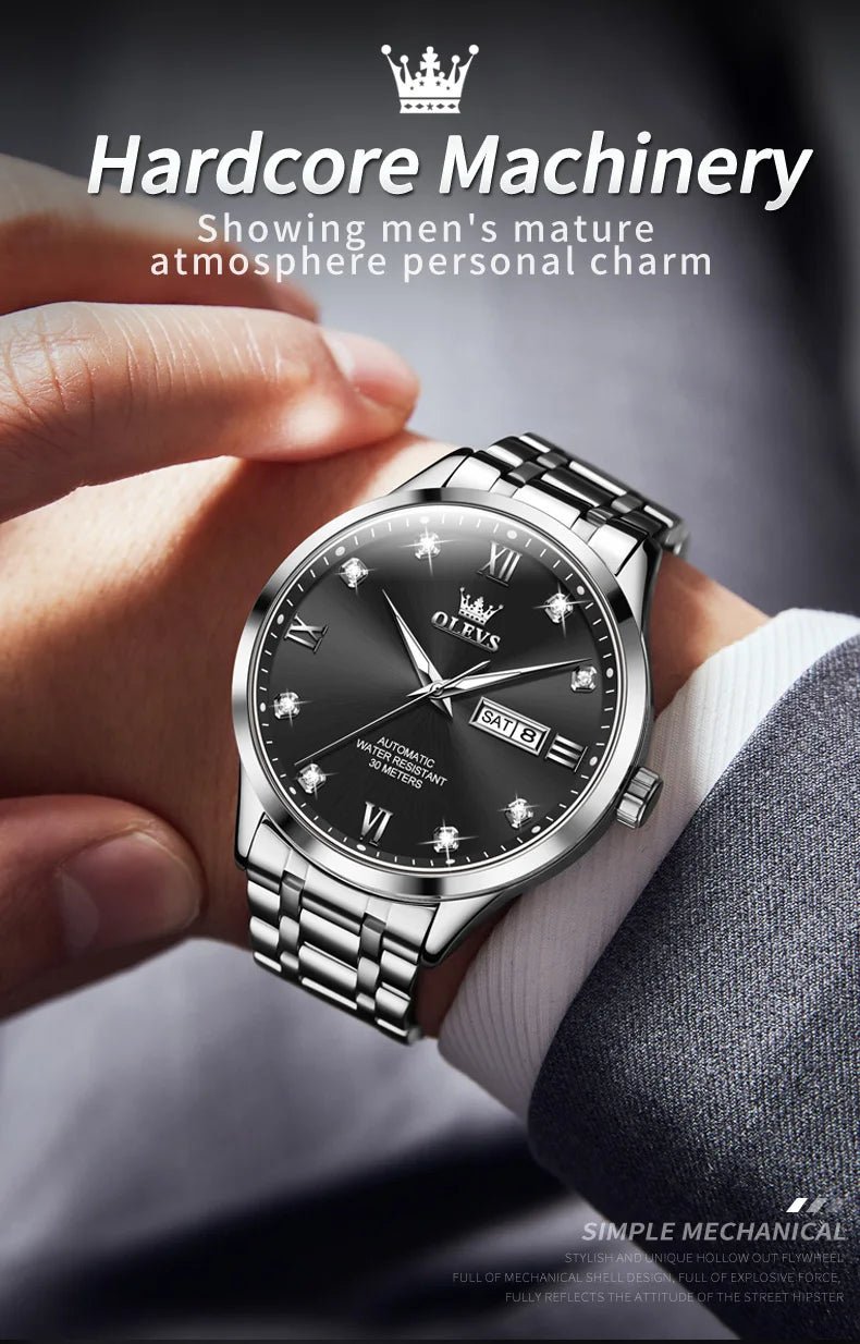 OLEVS9946 Mens Watch Original Automatic Mechanical Watch For Man Waterproof Luminous Stainless Steel Reloj Dual Calendar Display - Tara's Tiny Treasures