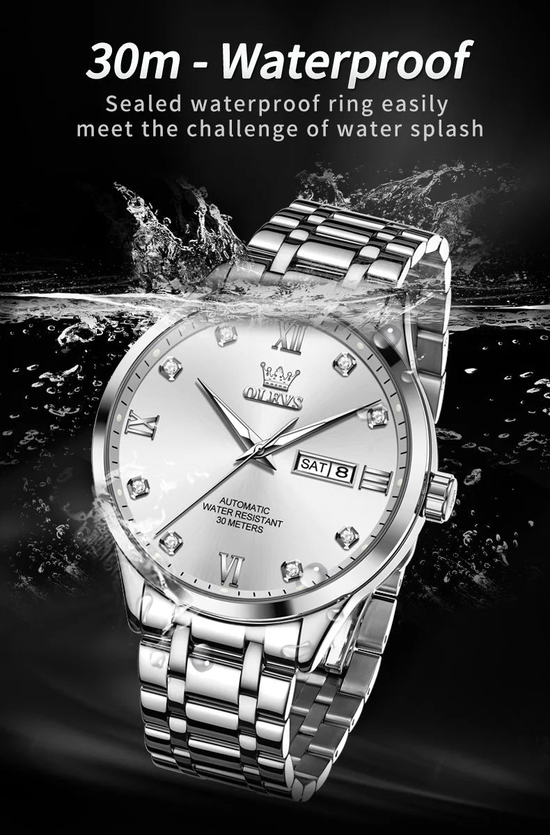 OLEVS9946 Mens Watch Original Automatic Mechanical Watch For Man Waterproof Luminous Stainless Steel Reloj Dual Calendar Display - Tara's Tiny Treasures