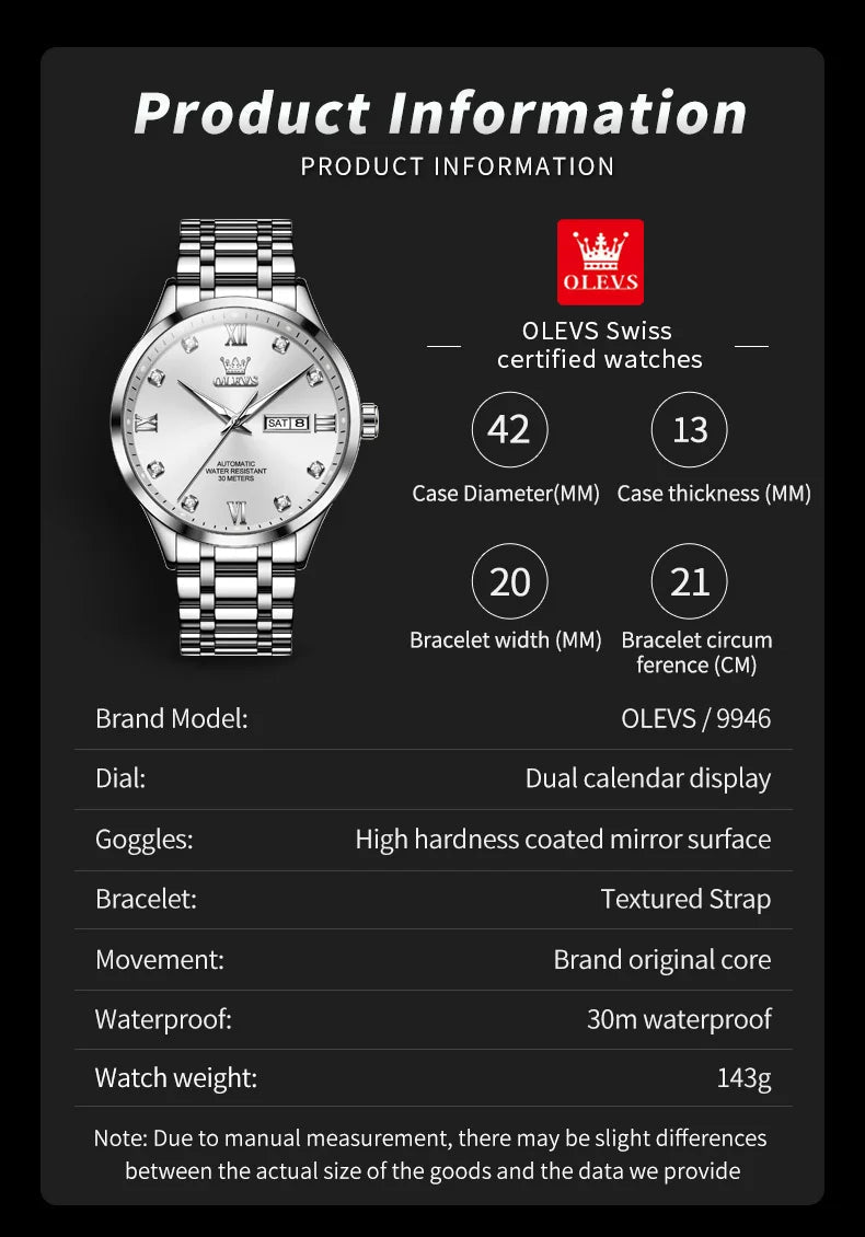 OLEVS9946 Mens Watch Original Automatic Mechanical Watch For Man Waterproof Luminous Stainless Steel Reloj Dual Calendar Display - Tara's Tiny Treasures