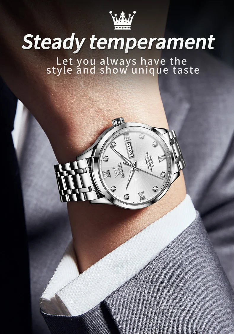 OLEVS9946 Mens Watch Original Automatic Mechanical Watch For Man Waterproof Luminous Stainless Steel Reloj Dual Calendar Display - Tara's Tiny Treasures