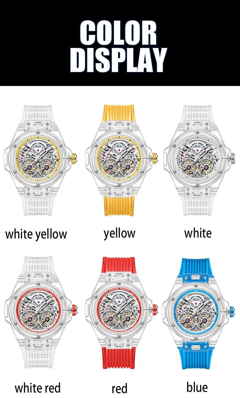 ONOLA 3835 Advanced Fashion Hollow Transparent Fully Automatic Men's Mechanical Watch with Dual Flywheels Design for Men's Clock - Tara's Tiny Treasures
