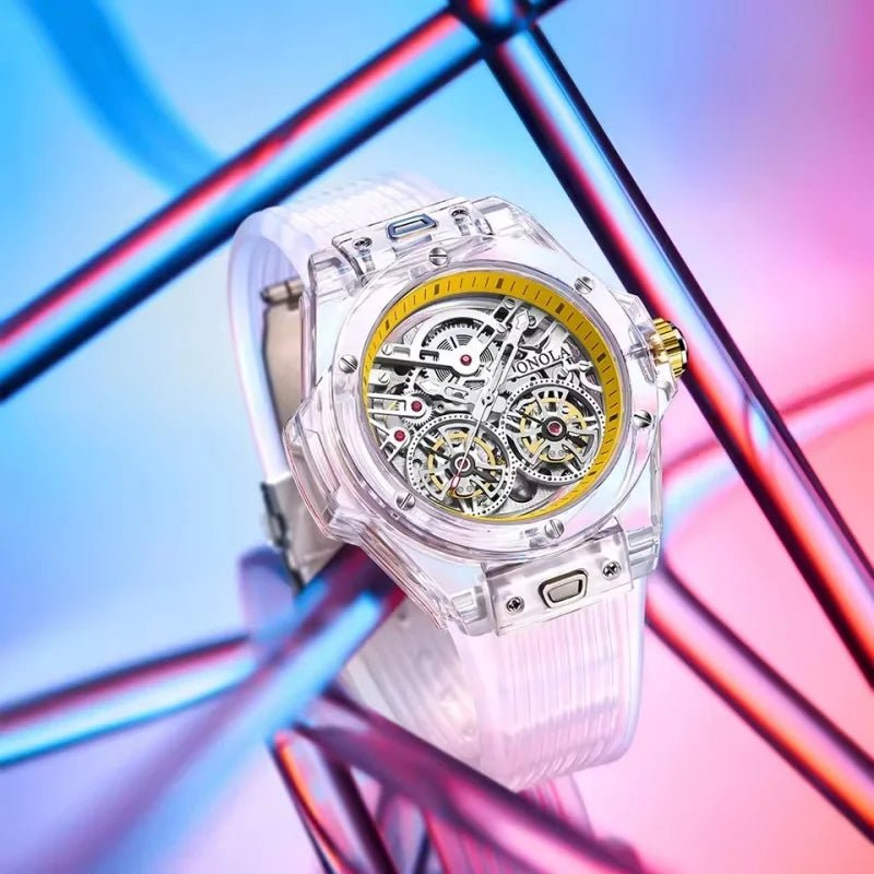 ONOLA 3835 Advanced Fashion Hollow Transparent Fully Automatic Men's Mechanical Watch with Dual Flywheels Design for Men's Clock - Tara's Tiny Treasures