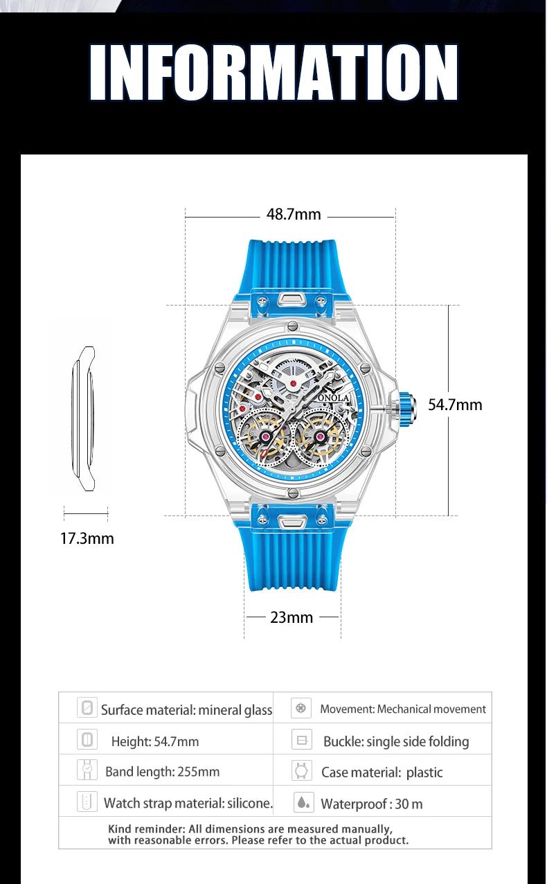 ONOLA 3835 Advanced Fashion Hollow Transparent Fully Automatic Men's Mechanical Watch with Dual Flywheels Design for Men's Clock - Tara's Tiny Treasures