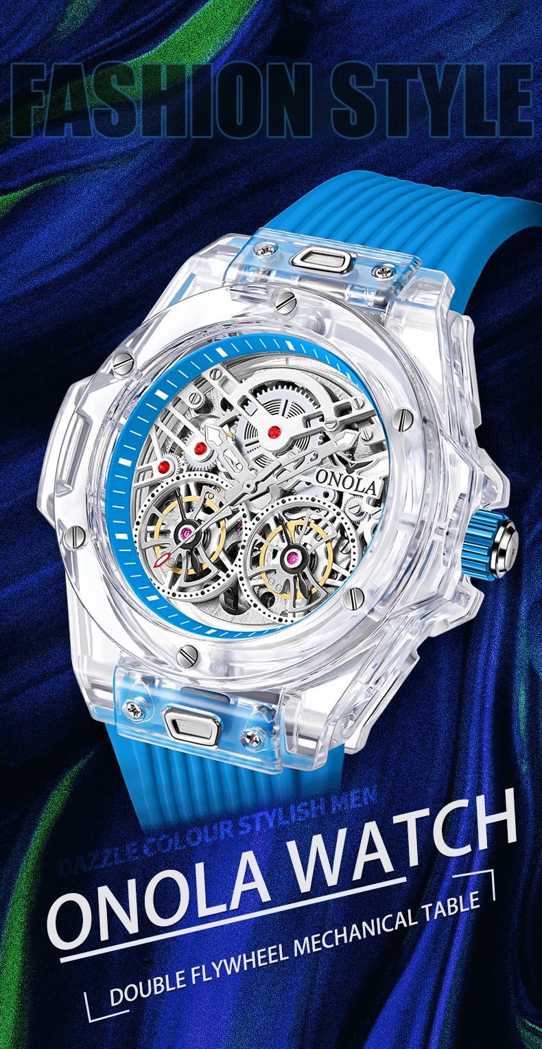 ONOLA 3835 Advanced Fashion Hollow Transparent Fully Automatic Men's Mechanical Watch with Dual Flywheels Design for Men's Clock - Tara's Tiny Treasures