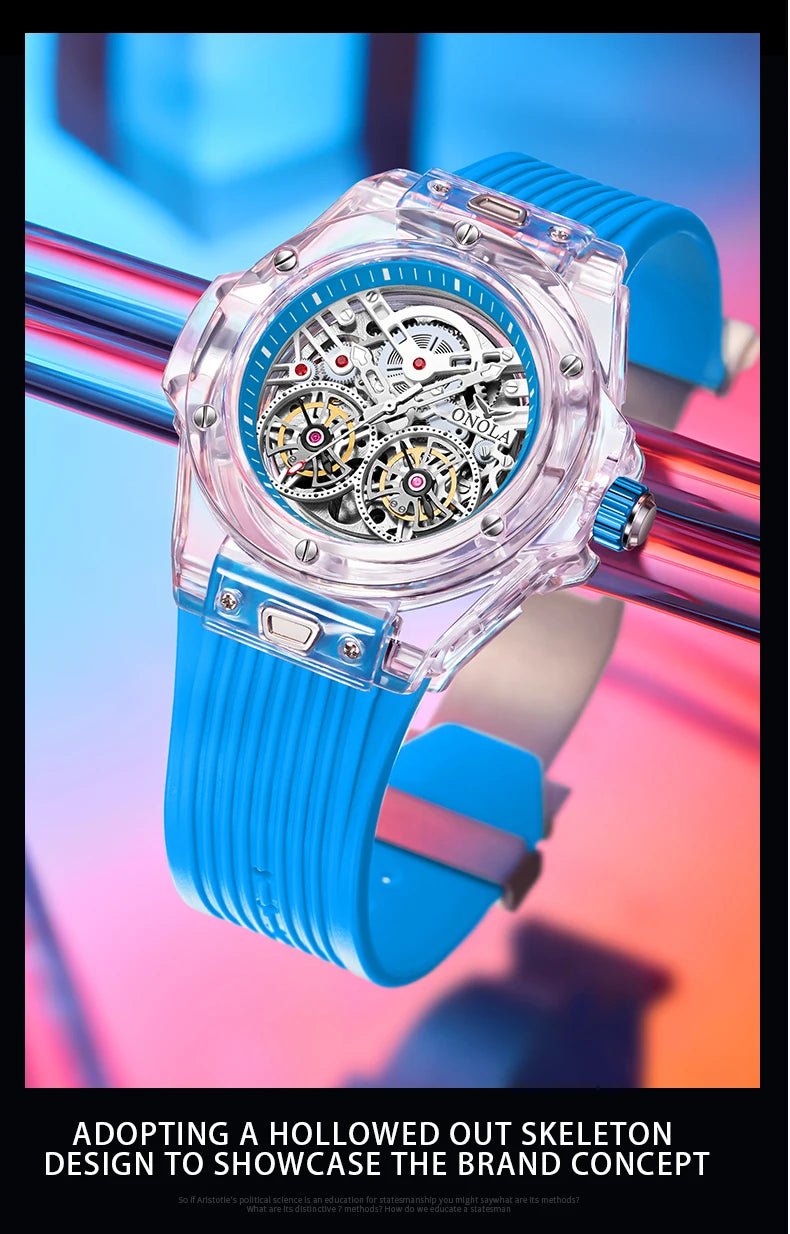 ONOLA 3835 Advanced Fashion Hollow Transparent Fully Automatic Men's Mechanical Watch with Dual Flywheels Design for Men's Clock - Tara's Tiny Treasures