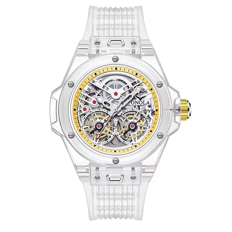 ONOLA 3835 Advanced Fashion Hollow Transparent Fully Automatic Men's Mechanical Watch with Dual Flywheels Design for Men's Clock - Tara's Tiny Treasures