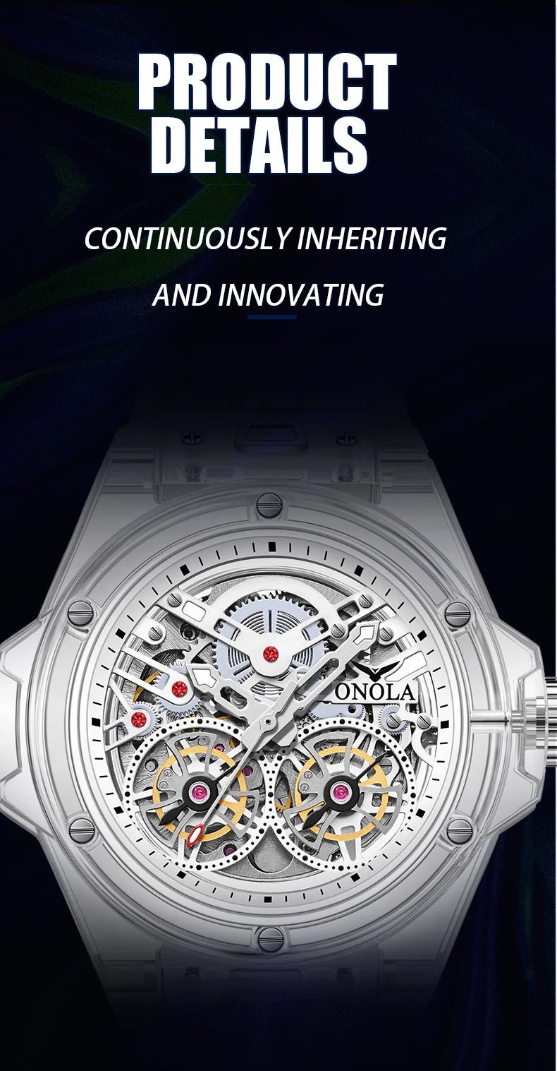 ONOLA 3835 Advanced Fashion Hollow Transparent Fully Automatic Men's Mechanical Watch with Dual Flywheels Design for Men's Clock - Tara's Tiny Treasures