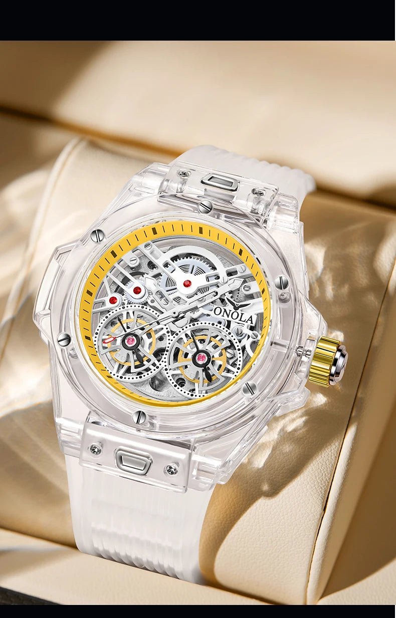 ONOLA 3835 Advanced Fashion Hollow Transparent Fully Automatic Men's Mechanical Watch with Dual Flywheels Design for Men's Clock - Tara's Tiny Treasures
