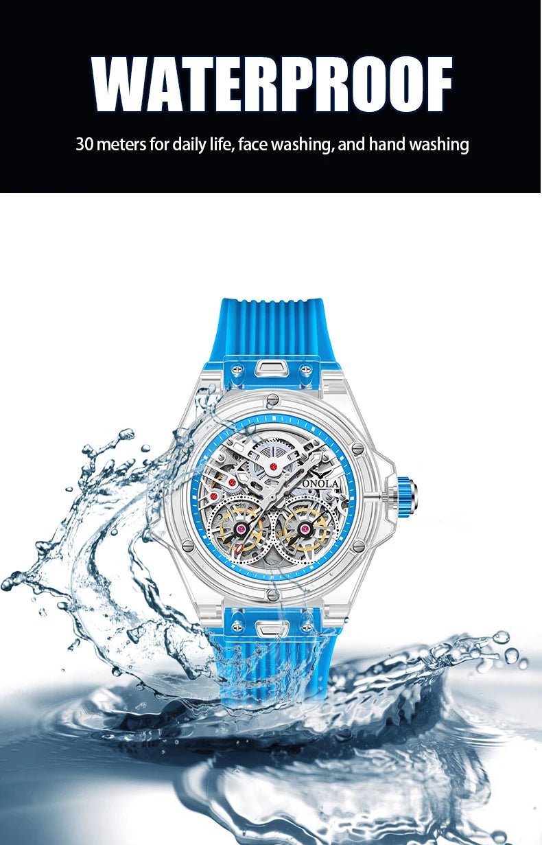 ONOLA 3835 Advanced Fashion Hollow Transparent Fully Automatic Men's Mechanical Watch with Dual Flywheels Design for Men's Clock - Tara's Tiny Treasures