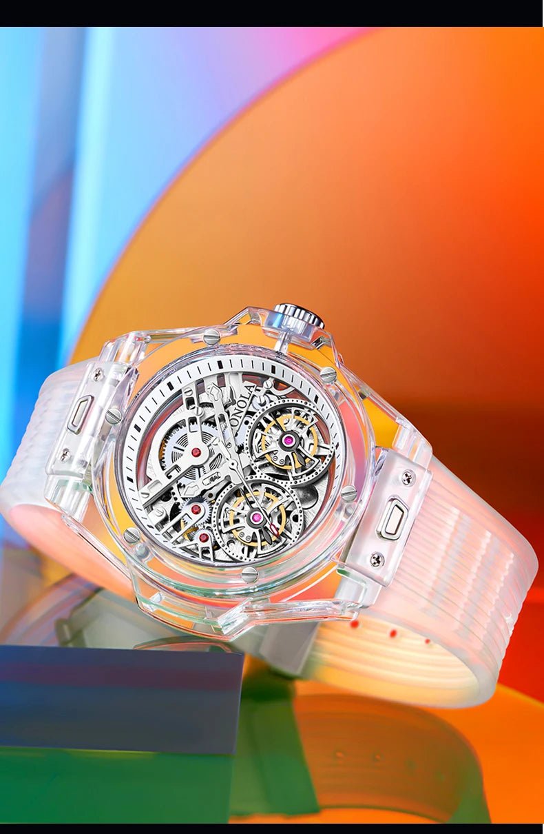 ONOLA 3835 Advanced Fashion Hollow Transparent Fully Automatic Men's Mechanical Watch with Dual Flywheels Design for Men's Clock - Tara's Tiny Treasures