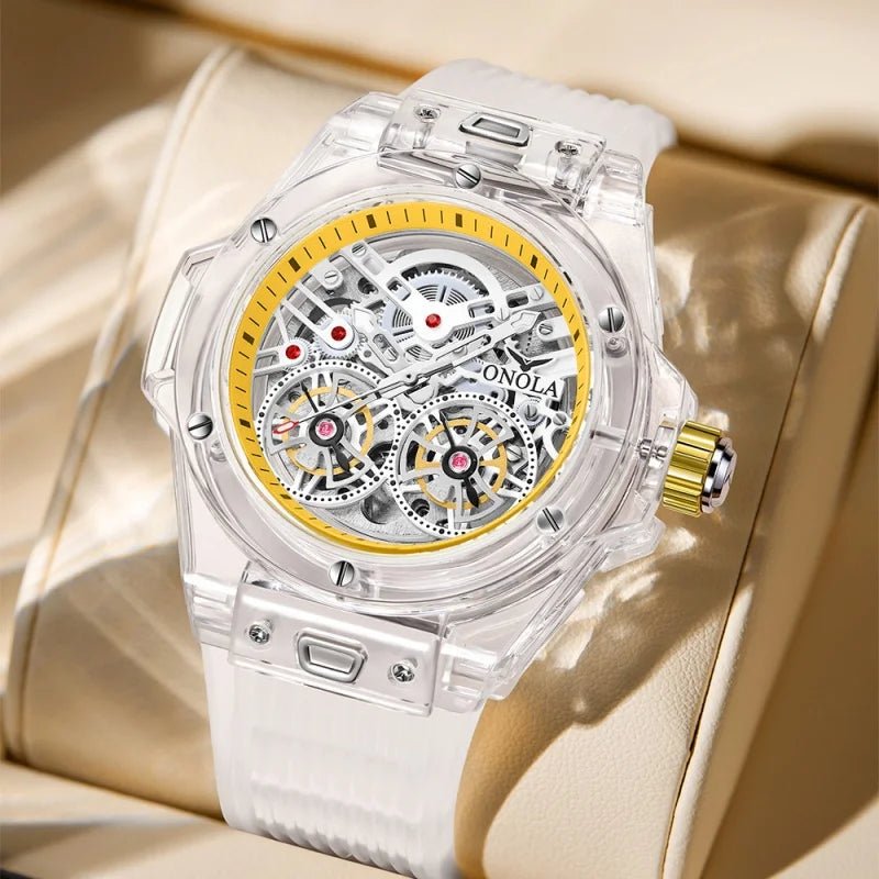 ONOLA 3835 Advanced Fashion Hollow Transparent Fully Automatic Men's Mechanical Watch with Dual Flywheels Design for Men's Clock - Tara's Tiny Treasures