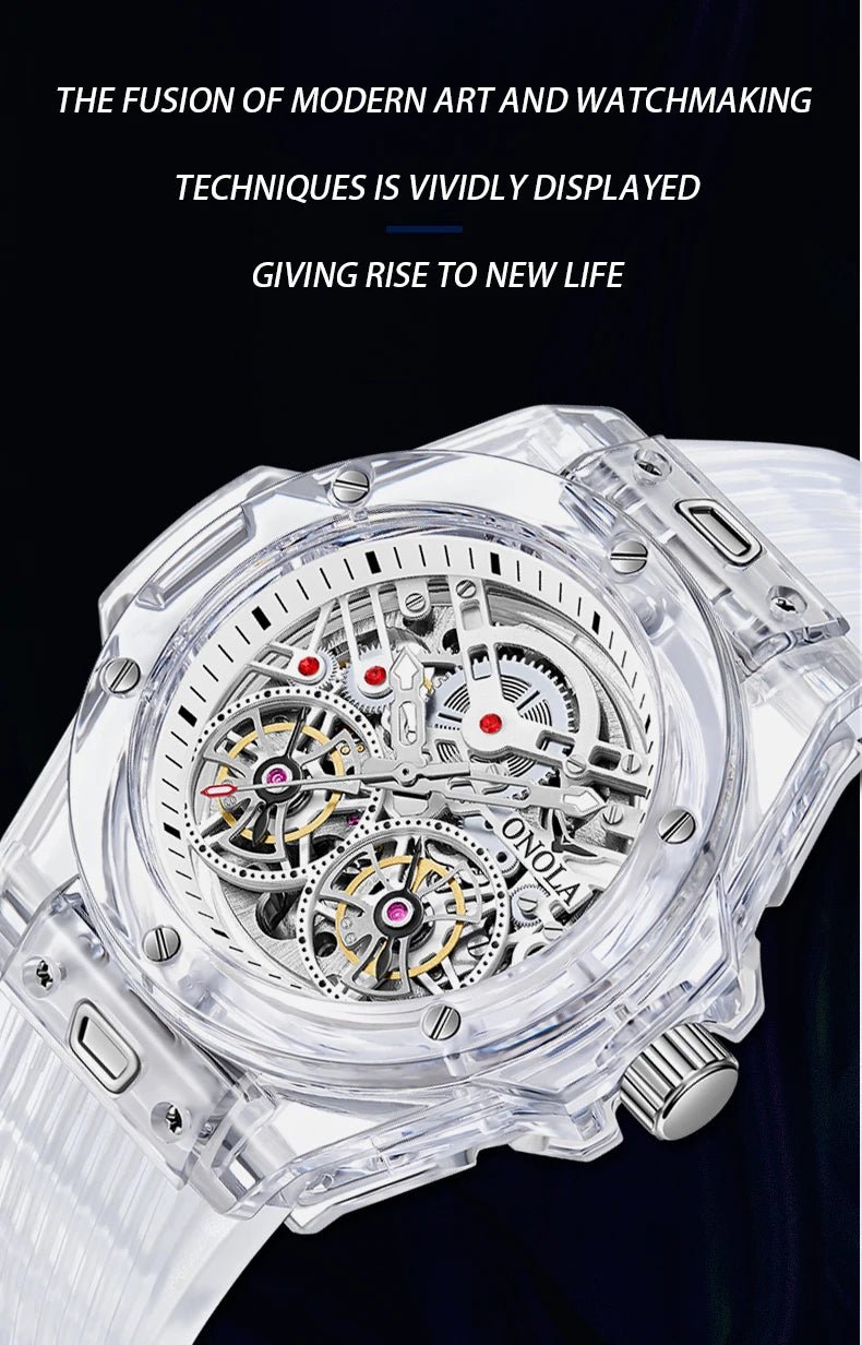 ONOLA 3835 Advanced Fashion Hollow Transparent Fully Automatic Men's Mechanical Watch with Dual Flywheels Design for Men's Clock - Tara's Tiny Treasures