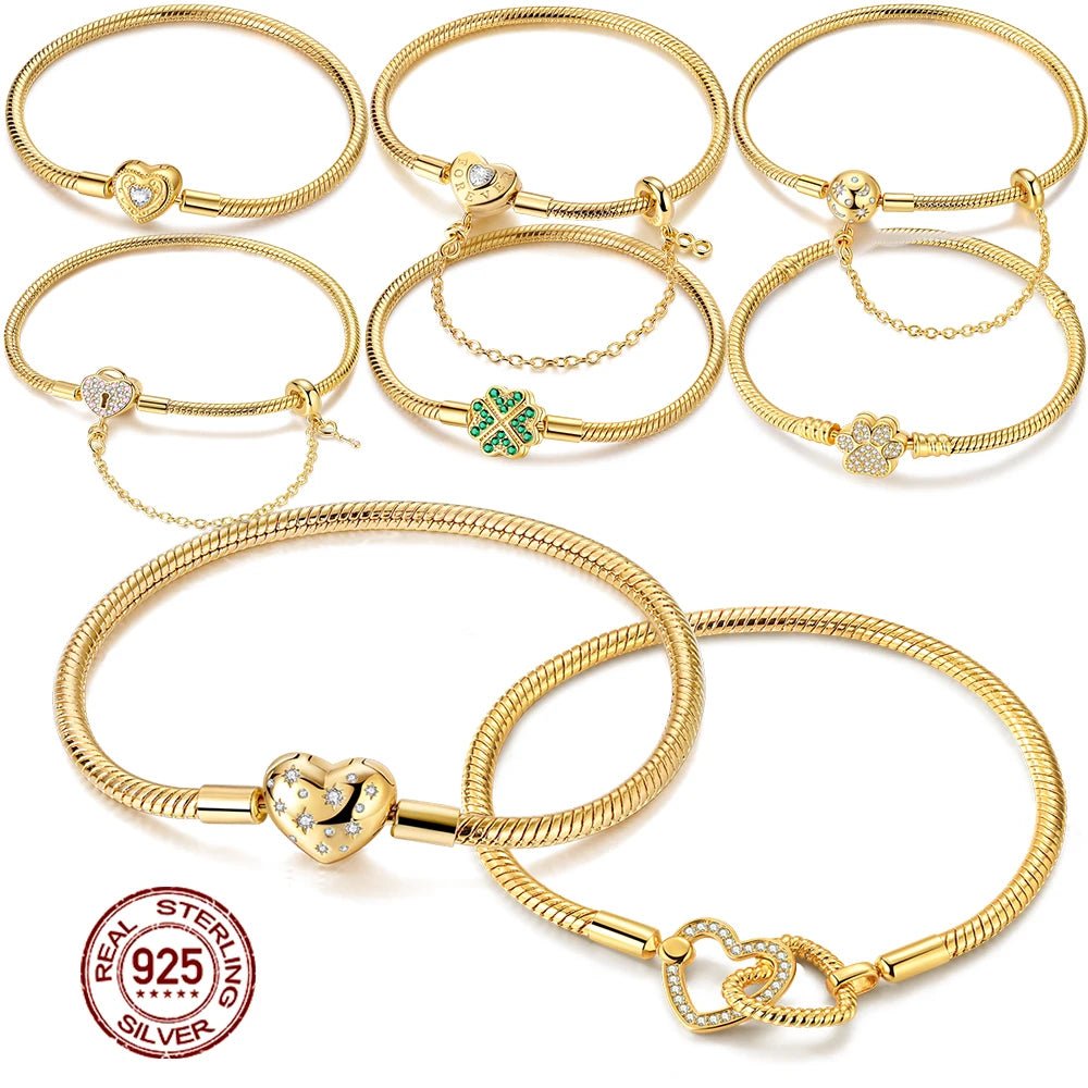 Original Bracelet 925 Sterling Silver Charm Bracelet 17-20CM Golden Heart Love Key Clover Bracelet Bangle Women Jewelry Gift - Tara's Tiny Treasures