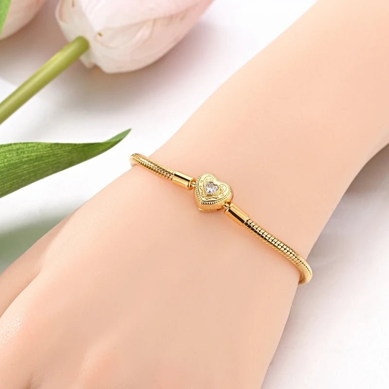 Original Bracelet 925 Sterling Silver Charm Bracelet 17-20CM Golden Heart Love Key Clover Bracelet Bangle Women Jewelry Gift - Tara's Tiny Treasures