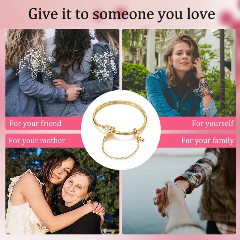 Original Bracelet 925 Sterling Silver Charm Bracelet 17-20CM Golden Heart Love Key Clover Bracelet Bangle Women Jewelry Gift - Tara's Tiny Treasures