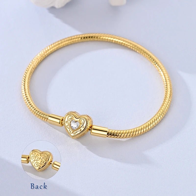 Original Bracelet 925 Sterling Silver Charm Bracelet 17-20CM Golden Heart Love Key Clover Bracelet Bangle Women Jewelry Gift - Tara's Tiny Treasures