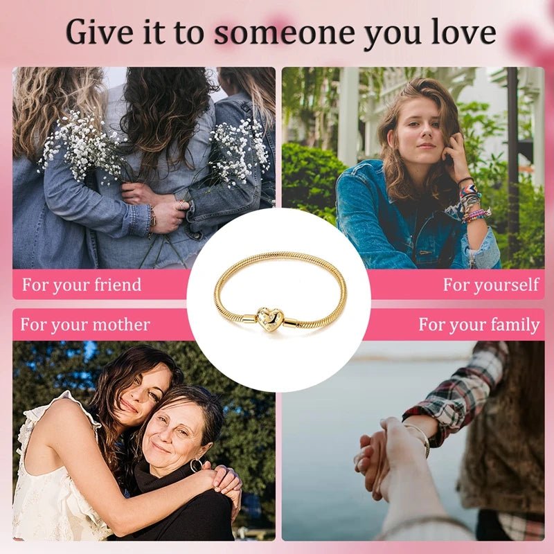Original Bracelet 925 Sterling Silver Charm Bracelet 17-20CM Golden Heart Love Key Clover Bracelet Bangle Women Jewelry Gift - Tara's Tiny Treasures
