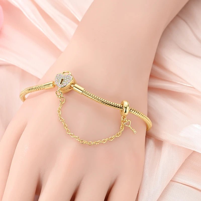 Original Bracelet 925 Sterling Silver Charm Bracelet 17-20CM Golden Heart Love Key Clover Bracelet Bangle Women Jewelry Gift - Tara's Tiny Treasures