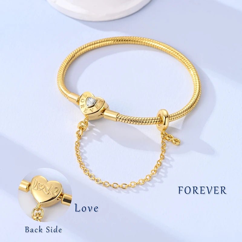 Original Bracelet 925 Sterling Silver Charm Bracelet 17-20CM Golden Heart Love Key Clover Bracelet Bangle Women Jewelry Gift - Tara's Tiny Treasures