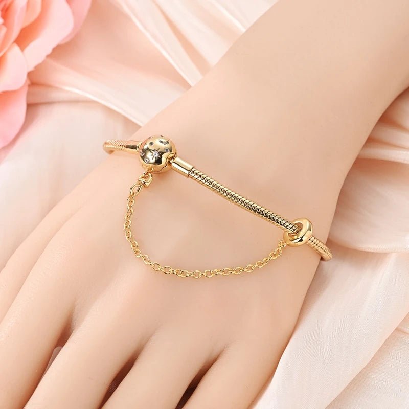 Original Bracelet 925 Sterling Silver Charm Bracelet 17-20CM Golden Heart Love Key Clover Bracelet Bangle Women Jewelry Gift - Tara's Tiny Treasures