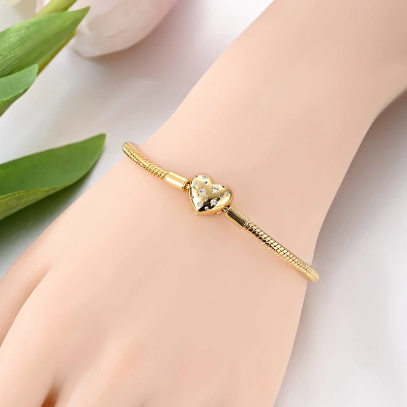 Original Bracelet 925 Sterling Silver Charm Bracelet 17-20CM Golden Heart Love Key Clover Bracelet Bangle Women Jewelry Gift - Tara's Tiny Treasures