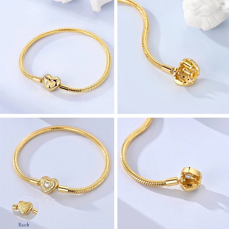 Original Bracelet 925 Sterling Silver Charm Bracelet 17-20CM Golden Heart Love Key Snowflake Bracelet Bangle Women Jewelry Gift - Tara's Tiny Treasures