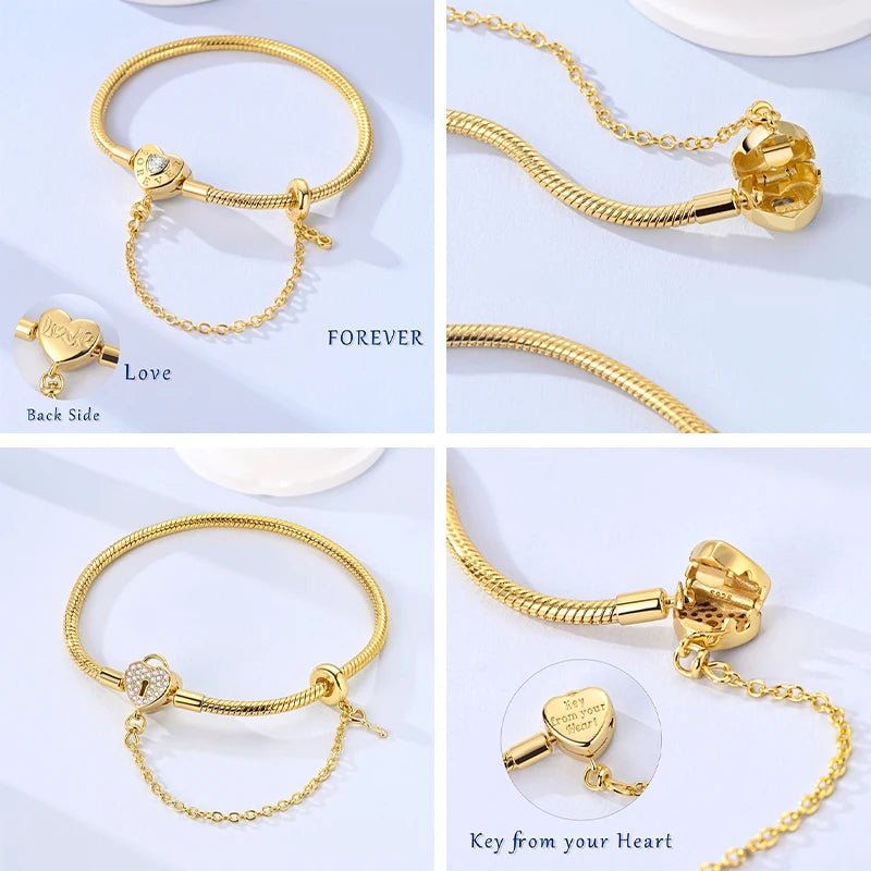 Original Bracelet 925 Sterling Silver Charm Bracelet 17-20CM Golden Heart Love Key Snowflake Bracelet Bangle Women Jewelry Gift - Tara's Tiny Treasures